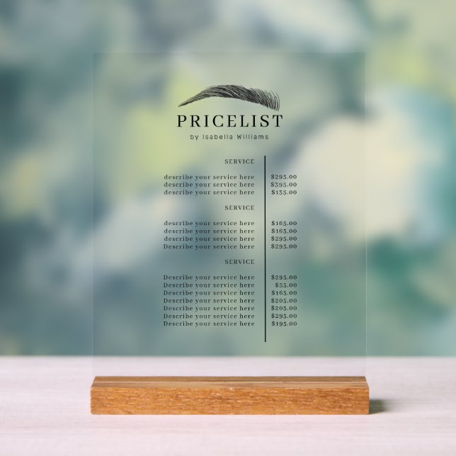 Minimal Elegant Eyebrow Salon Pricelist Acrylic Sign (Neutral)