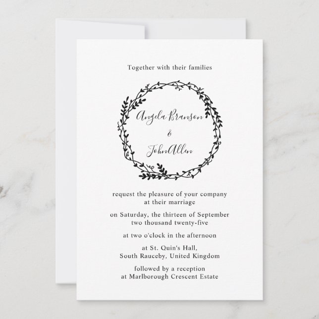 Minimal Elegant Floral Botanical Monograms Wreath Invitation (Front)