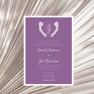 Minimal Elegant Floral Monogram Purple Wedding  Invitation