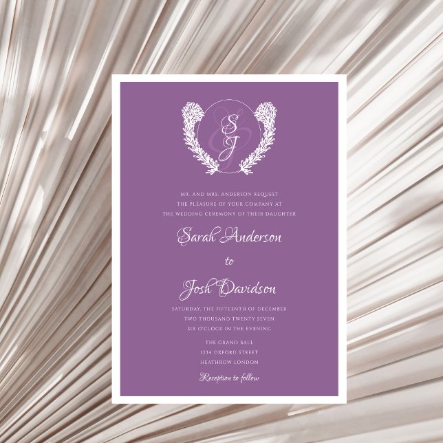 Minimal Elegant Floral Monogram Purple Wedding  Invitation (Creator Uploaded)