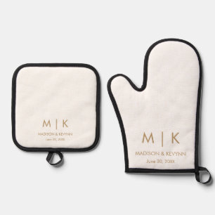 Minimal & Elegant  Gold Monogram Wedding Oven Mitt & Pot Holder Set