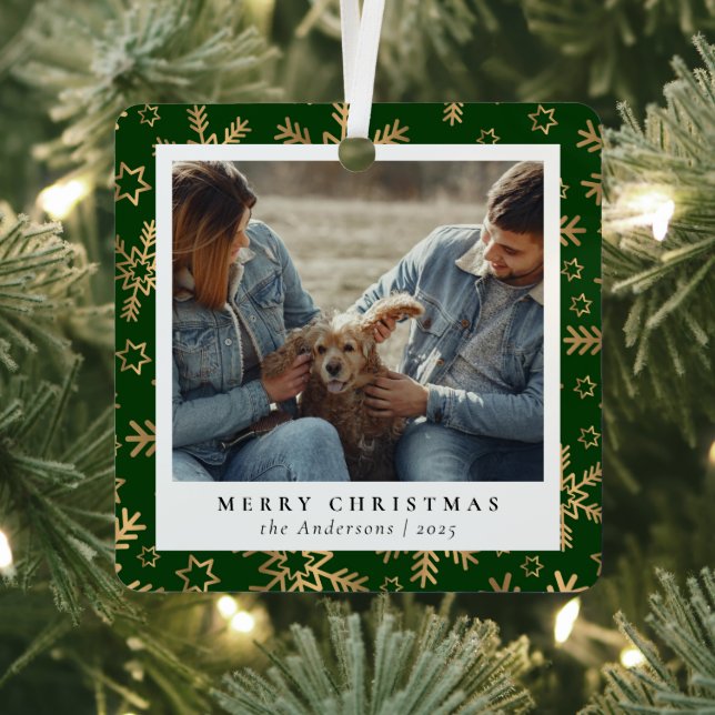 Minimal Elegant Green Gold Christmas Couple Photo Metal Tree Decoration (Insitu)