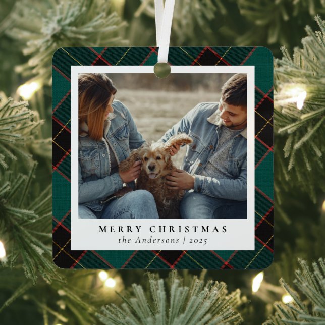 Minimal Elegant Green Plaid Christmas Couple Photo Metal Tree Decoration (Insitu)