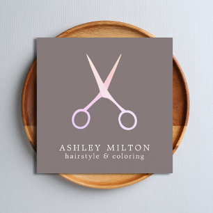 Minimal Elegant Grey Rose Scissors Hair Stylist Square Business Card