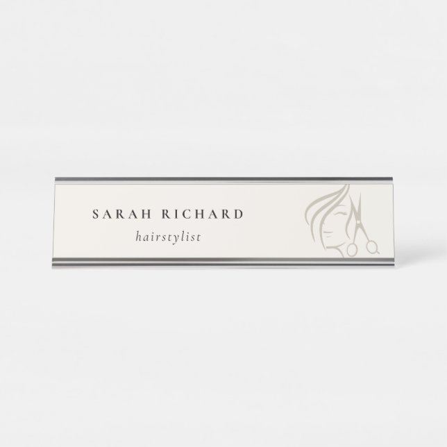 Minimal Elegant Hairstylist Ivory Hair Scissor  Desk Name Plate (Front)