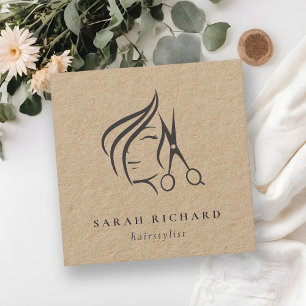 Minimal Elegant Hairstylist Kraft Hair Scissor  Square Business Card