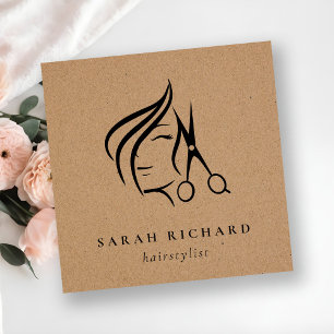 Minimal Elegant Hairstylist Kraft Hair Scissor  Square Business Card