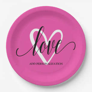 Minimal Elegant Heart on Hot Pink Paper Plate