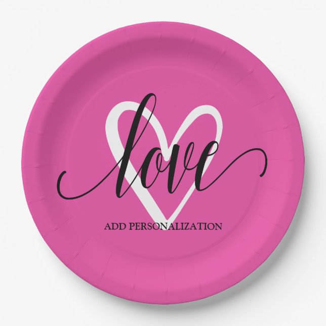 Minimal Elegant Heart on Hot Pink Paper Plate (Front)