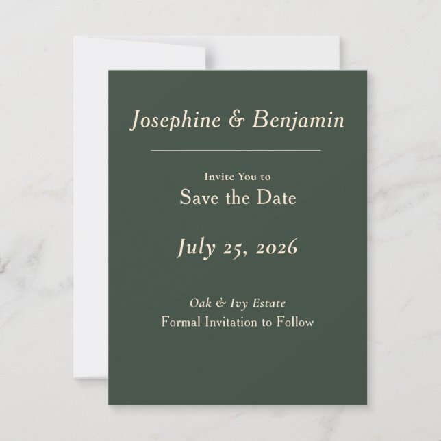 Minimal Elegant Hunter Green Save the Date Card (Front)
