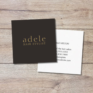 Minimal Elegant Ivory Black Golden Hair Stylist Square Business Card