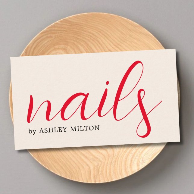 Minimal Elegant Light Beige Red Bold Nails Business Card (Creator Uploaded)