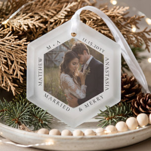Minimal Elegant Married & Merry Wedding Photo Glass Tree Decoration