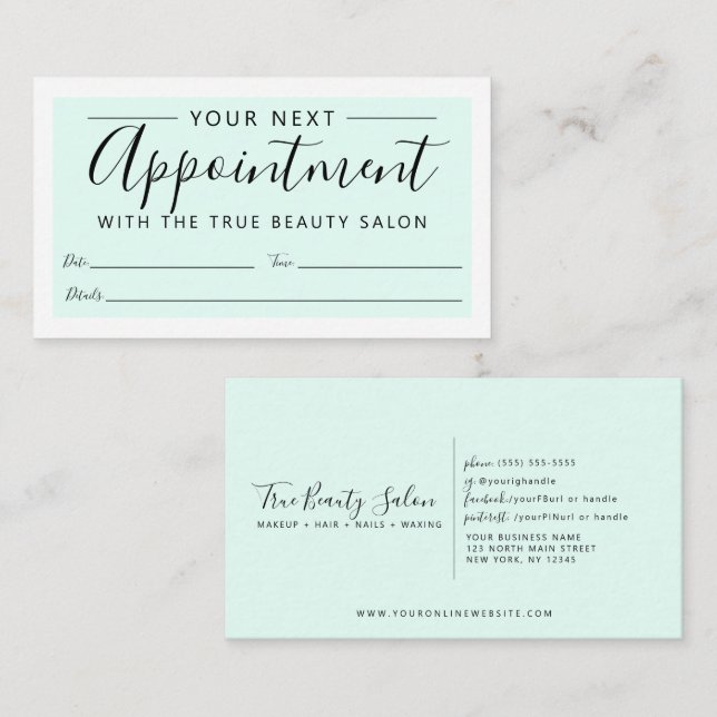 Minimal Elegant Mint Green White Border Script Appointment Card (Front/Back)