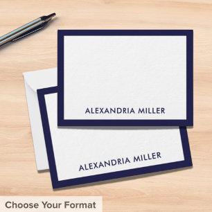 Minimal Elegant Monogram Name White Navy Note Card