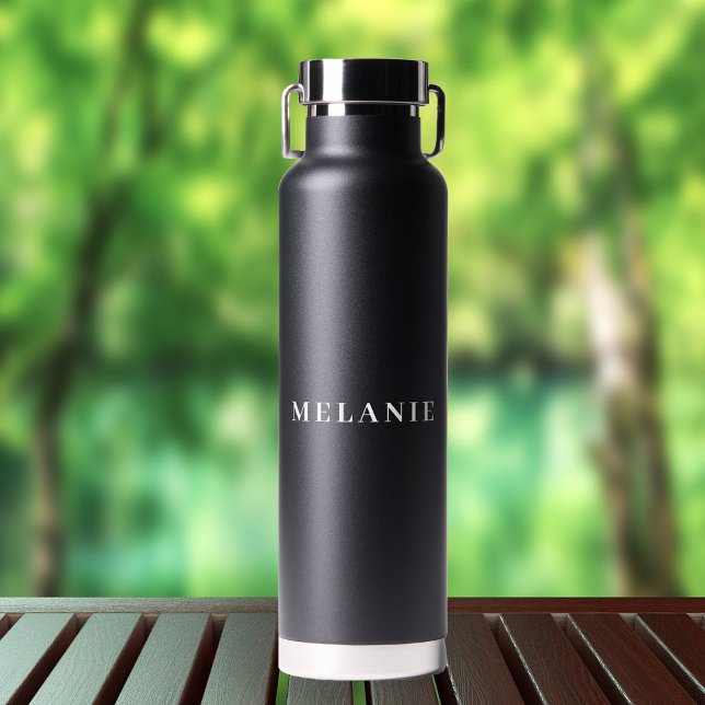 Minimal Elegant Name Wedding Black Water Bottle (Stylishly Personalize with Your Custom Name.)