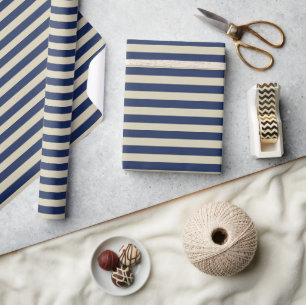 Minimal Elegant Navy Blue Beige Stripes Wrapping Paper
