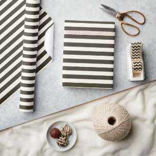 Minimal Elegant Navy Brown Cream Stripes Wrapping Paper