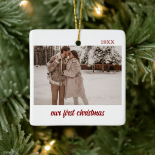 Minimal Elegant Newlyweds First Christmas 2 Photo Ceramic Ornament