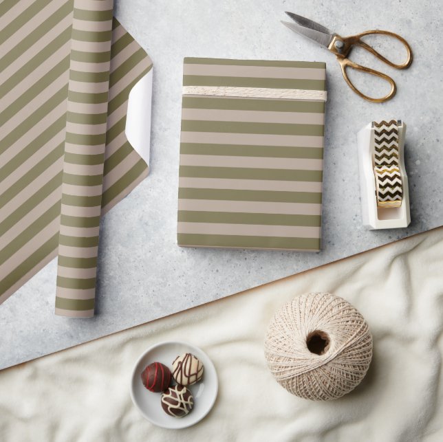 Minimal Elegant Olive Green Beige Brown Stripes Wrapping Paper (Crafts)