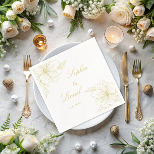 Minimal Elegant Outline Floral Golden Wedding Napkin