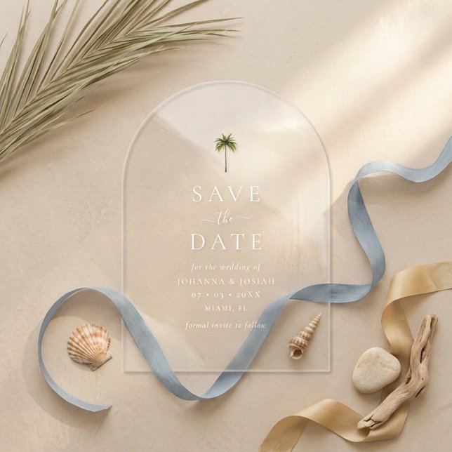 Minimal Elegant Palm Tree Acrylic Save the Date Invitations (Creator Uploaded)