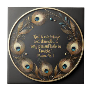 Minimal Elegant Peacock Feathers Bible Verse Tile