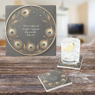 Minimal Elegant Peacock Feathers Customisable Stone Coaster