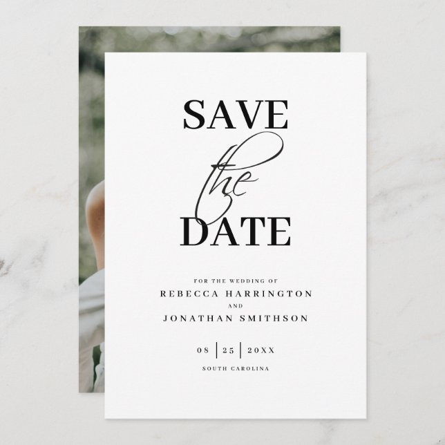 Minimal Elegant Photo Black White Wedding Save The Date (Front/Back)