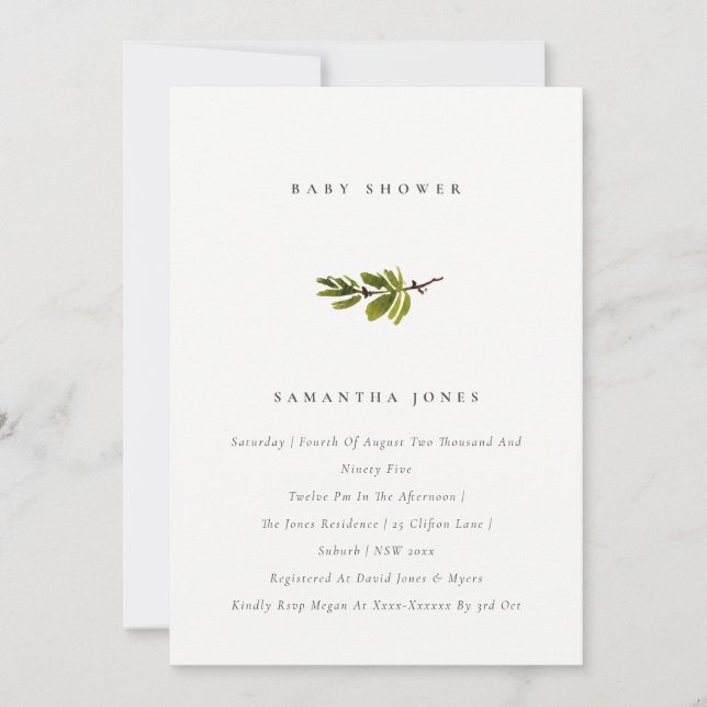 Minimal Elegant Pine Branch Baby Shower Invite (Front)