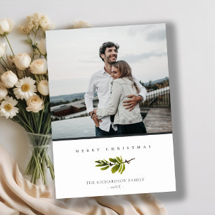 Minimal Elegant Pine Branch Merry Christmas Photo Holiday Card