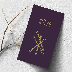 Minimal Elegant Purple Golden Pins Hair Stylist  Business Card