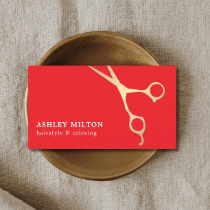 Minimal Elegant Red Faux Gold Scissors HairStylist Business Card