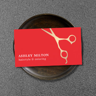 Minimal Elegant Red Faux Gold Scissors HairStylist Business Card