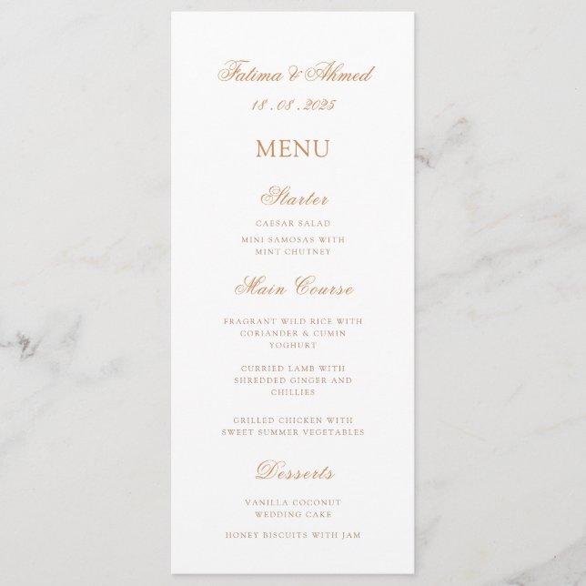 Minimal Elegant Romantic Gold Script Wedding Table Menu (Front)