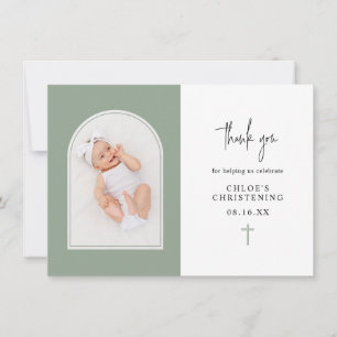 Minimal Elegant Sage Green Arch Photo Christening Thank You Card