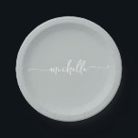 Minimal Elegant Sage Green Monogram Script Paper Plate<br><div class="desc">Girly Elegant Minimalist Modern Sage Green Monogram Name Script Signature Custom Personalised Paper Plates. Featuring first name in a pretty hand lettering swash tail font calligraphy (or typography) on sage green or dusty green background. These are easy to customise it. Great for housewarming, also for birthday, wedding, sweet 16 birthday...</div>