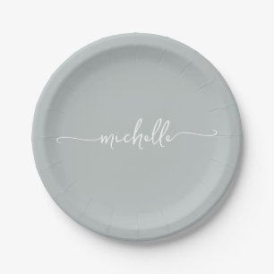 Minimal Elegant Sage Green Monogram Script Paper Plate