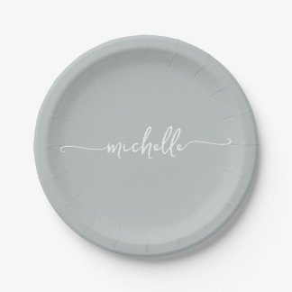 Minimal Elegant Sage Green Monogram Script Paper Plate