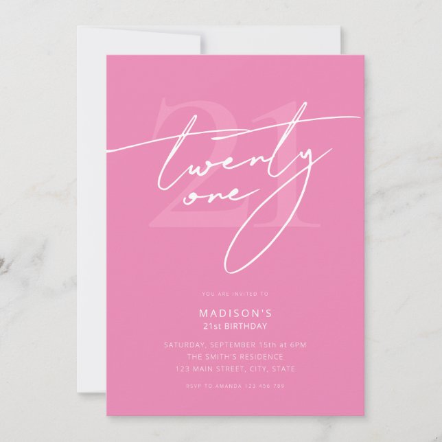 Minimal Elegant Script Pink 21st Birthday Party Invitation (Front)