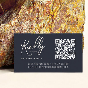 Minimal Elegant Script QR code Dark Navy Wedd RSVP Enclosure Card