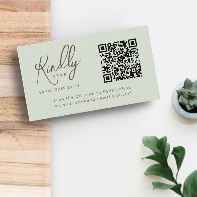Minimal Elegant Script QR code Sage Wedding RSVP Enclosure Card (Creator Uploaded)