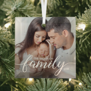 Minimal Elegant Simple Family love Christmas Photo Glass Tree Decoration