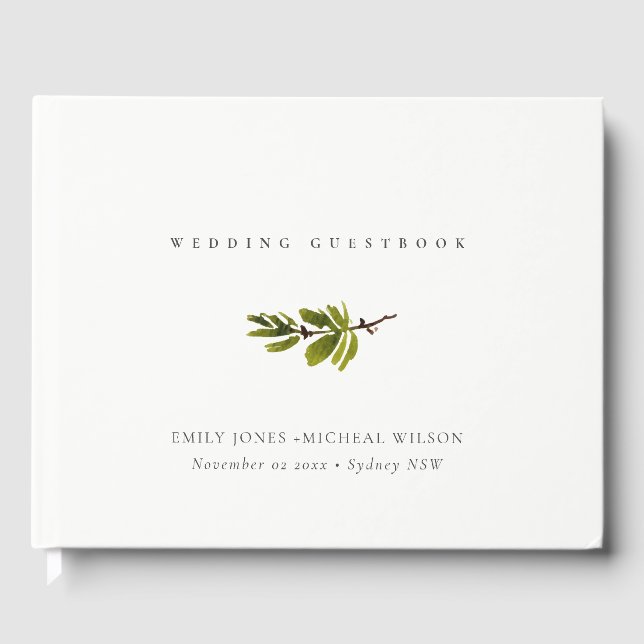 Minimal Elegant Simple Green Pine Branch Wedding Guest Book (Front)