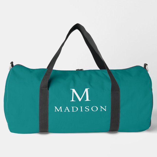 Minimal & Elegant Teal Green & White  Custom Name Duffle Bag (Front)