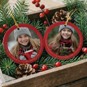 Minimal Elegant Two Photo Collage Keepsake Red Ceramic Tree Decoration
