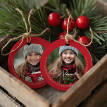 Minimal Elegant Two Photo Collage Keepsake Red Ceramic Tree Decoration<br><div class="desc">Celebrate your cherished memories with our beautiful and elegant ceramic photo ornament. This exquisite ornament allows you to personalise it with two of your favourite photos – one on the front and one on the back – creating a unique and memorable keepsake. Each photo is adorned with a name displayed...</div>