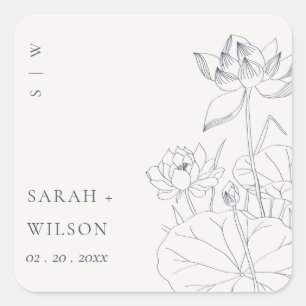 Minimal Elegant Waterlily Floral Sketch Wedding Square Sticker