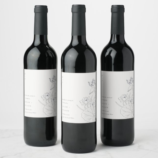 Minimal Elegant Waterlily Floral Sketch Wedding Wine Label (Bottles)