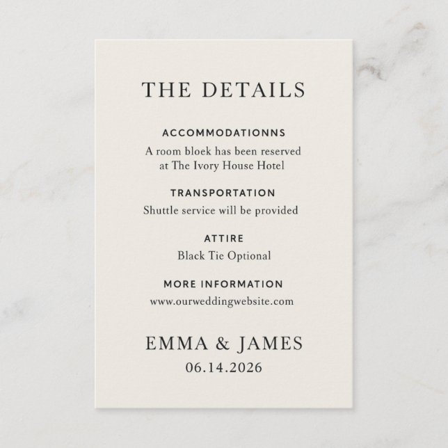 Minimal Elegant Wedding Details Card (Front)